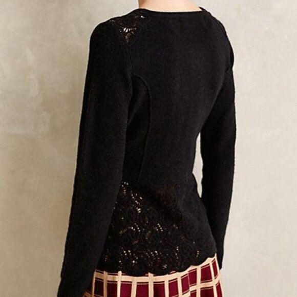 Anthropologie Marion Lace Hem Cardigan Wool Sweater Jacket Black Zip Front - Picture 2 of 7